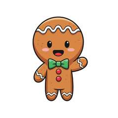 A cute cartoon gingerbread man with a green bow tie and red buttons waving happily.