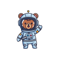 Cute cartoon bear wearing a space suit waving hello, ready for space exploration.
