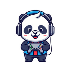 Cartoon panda gamer with headset and controller, isolated on white background.