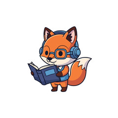 A cute cartoon fox wearing glasses and headphones while reading a book, depicted as an intelligent mascot.