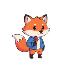A cute cartoon fox character wearing a blue jacket and holding a single red rose.