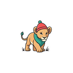 A cute cartoon lion cub wearing a red beanie and a green scarf.