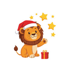 Cute lion cub character in a Santa Claus hat with a Christmas present and stars on a white background.