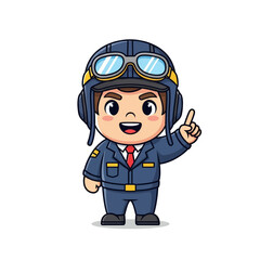 Cute cartoon pilot character in uniform and helmet pointing finger up with a happy expression.