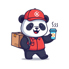 A cute cartoon panda wearing a red cap and vest, carrying a package on its back and holding a hot beverage. © DediGalihWisnumurti