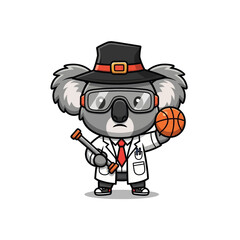 A cartoon koala wearing a lab coat, hat, and goggles, holding a basketball and a test tube.
