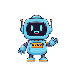 Cute cartoon blue robot waving with a friendly smile on its screen.