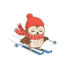 A cute owl wearing a red hat and scarf is skiing down a snowy slope.