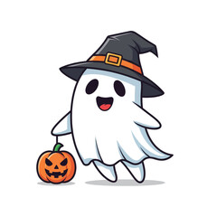 Cartoon ghost wearing a witch hat and holding a jack-o'-lantern.