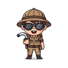 A cute cartoon explorer wearing a pith helmet and sunglasses, holding a sickle, ready for an adventure.