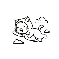 A cute cartoon cat wearing a hooded costume flies happily through the sky with clouds, drawn in a simple black and white outline style.