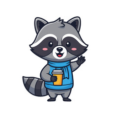 Cartoon raccoon wearing a scarf and holding a cup.