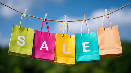 four colorful paper bags spelling SALE hanging on rope with clothespins, outdoors under blue sky, concept of shopping, promotion, retail discount, minimalist marketing scene shoppi