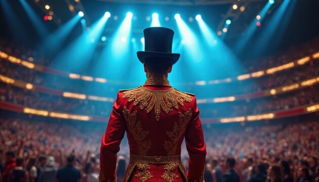 Circus ringmaster in ornate red coat and top hat stands facing audience. Bright spotlights shine down on performance arena. Crowd watches entertainment spectacle.