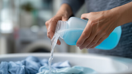 Close-up of hands pouring liquid detergent before laundry, washing machine with clothes in background, cleanliness, hygiene, and laundry care concept. liquid detergent, washing pro