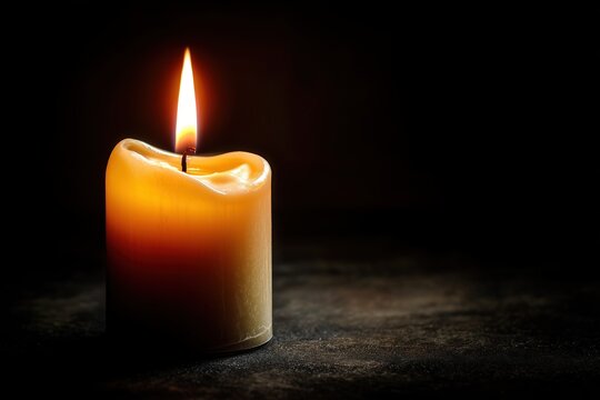 A single, partially melted yellow candle with a tall flame on a dark surface, casting a soft glow in a black background.