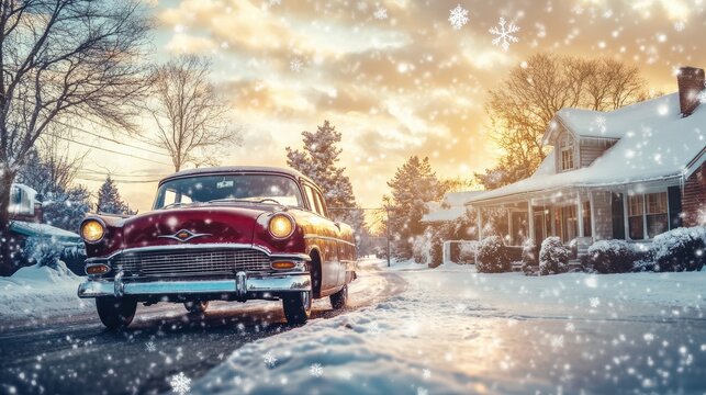 Fototapeta Vintage Car Parked on Snowy Street Du Sunset in a Winter Village Scene with Snowfall and Trees