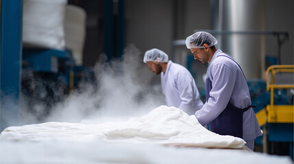 Workers in a large-scale industrial laundry with stacks of clean white linen and steam-filled air, concept of cleanliness, hygiene, and precision work. industrial washing, laundry