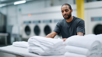 ChatGPT ÑÐºÐ°Ð·Ð°Ð»:Man in uniform folding clean white towels in commercial laundry facility, modern washing machines and neatly stacked linens in background, professional laundry servi