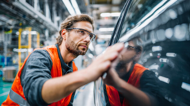 Industrial quality control technician in protective glasses and orange safety vest inspecting the surface finish of a polished vehicle in a manufacturing plant environmen - Powered by Adobe