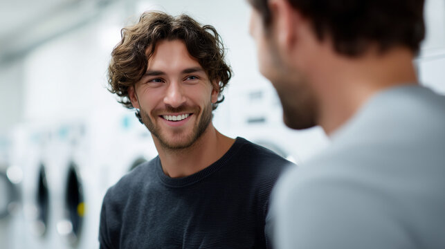 Two young men chatting and smiling while doing laundry at a modern laundromat casual atmosphere of friendship and everyday routine. laundromat, friends talking, laundry day, modern