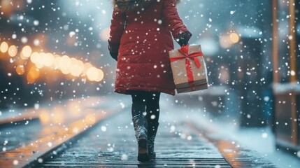 Woman walking on snow-covered street carrying gift box in winter evening with lights and snowfall