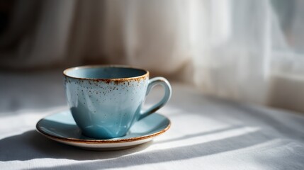 Obraz premium Closeup of speckled ceramic teacup with matching saucer on smooth matte surface, natural window light casting soft shadows, emphasizing texture and tranquil atmosphere