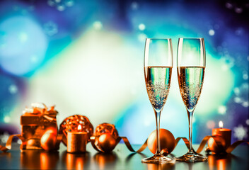 two champagne glasses against holiday lights and fireworks - new year celebration
