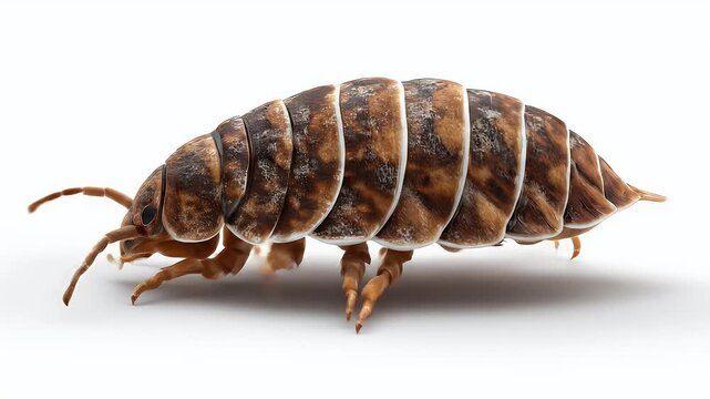 Detailed Macro Shot of a Pill Bug on White Background.