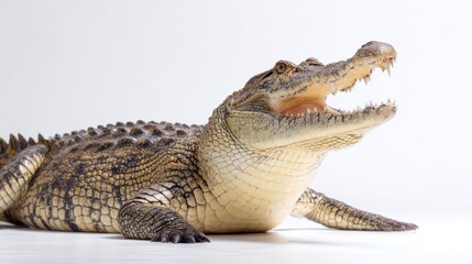 Naklejka premium Dramatic side view of a large aquatic predator with open mouth, showcasing sharp teeth and textured skin, isolated on white background with space for text