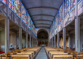 Blois, France - 10 27 2025: Panoramic view of the stained glass window inside Basilica of Our Lady...