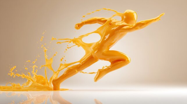Dynamic orange splash figure of a young woman lunging forward with liquid arcs in midair against soft beige background, conveying energy and motion - Powered by Adobe