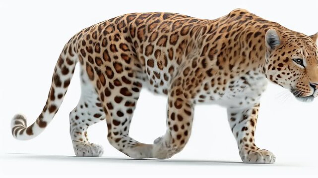 Majestic Leopard Walking on White Background, Isolated.
