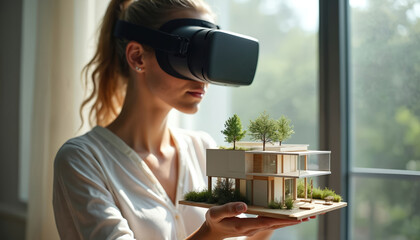 Young woman wears VR headset, holds modern house model. Designs smart home project using virtual reality tech. Architect plans eco house layout in futuristic workspace studio. Digital building