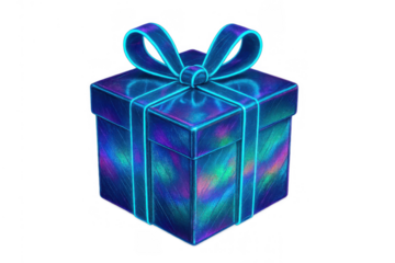 Iridescent gift box with neon blue ribbon on transparent background, futuristic holiday present for celebration