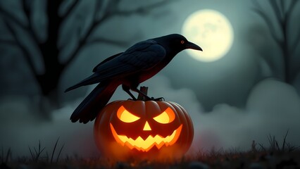A black bird perched on top of a carved pumpkin.