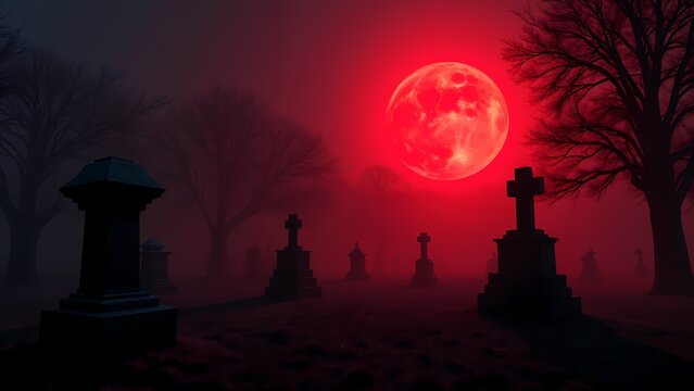 A red full moon in the night sky over a cemetery.