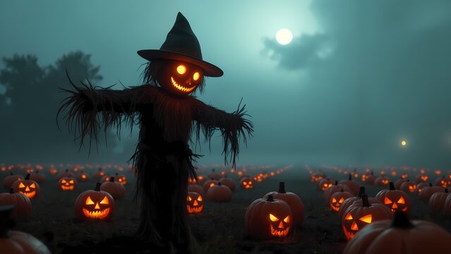 A scarecrow stands in front of a row of carved pumpkins.