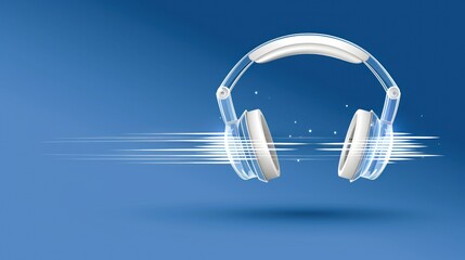 Modern wireless headphones on a blue background for music.