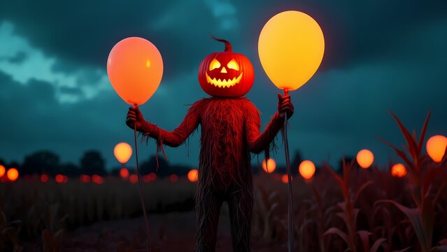 A scarecrow stands in a field holding two orange lanterns.