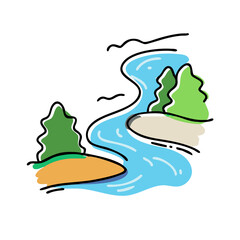 Stylized river flowing through green landscape vector illustration