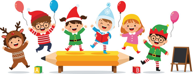Cheerful Multicultural Kids Celebrating Christmas on Giant Pencil: Diverse Children in Holiday Costumes with Balloons and Learning Elements