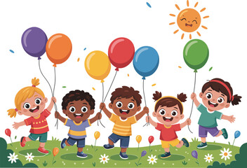 Happy diverse group of children holding colorful balloons in a sunny outdoor setting, celebrating joy, friendship, and playful childhood moments