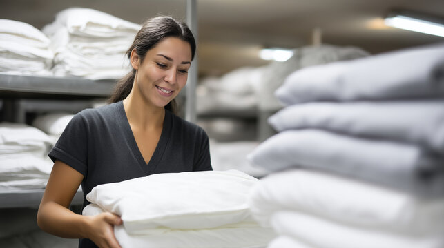 Female worker arranging freshly washed bedding in laundry facility cleanliness, order, and attention to detail in textile care environment. clean laundry, textile organization, pro