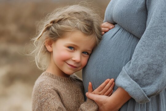Young blonde daughter touching pregnant mothers belly expecting baby

