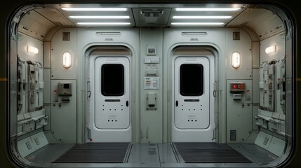 Interior of a futuristic spacecraft or space station showing two hermetic doors. Spaceship corridor design concept for sci-fi and astronaut exploration.