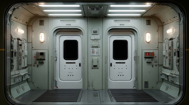 Interior of a futuristic spacecraft or space station showing two hermetic doors. Spaceship corridor design concept for sci-fi and astronaut exploration.