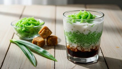 Es cendol is a snack made from rice flour and so on which is formed using a strainer, then mixed with sugar water and coconut milk.