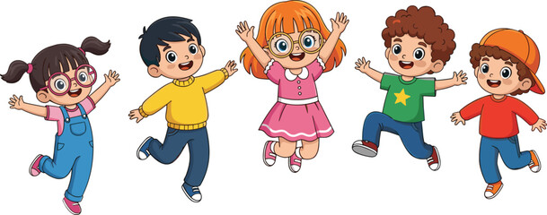 Happy Multicultural Kids Jumping: Cheerful Diverse Children Celebrating Joy and Playfulness with Arms Raised on White Background