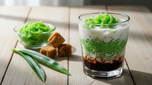 Es cendol is a snack made from rice flour and so on which is formed using a strainer, then mixed with sugar water and coconut milk.